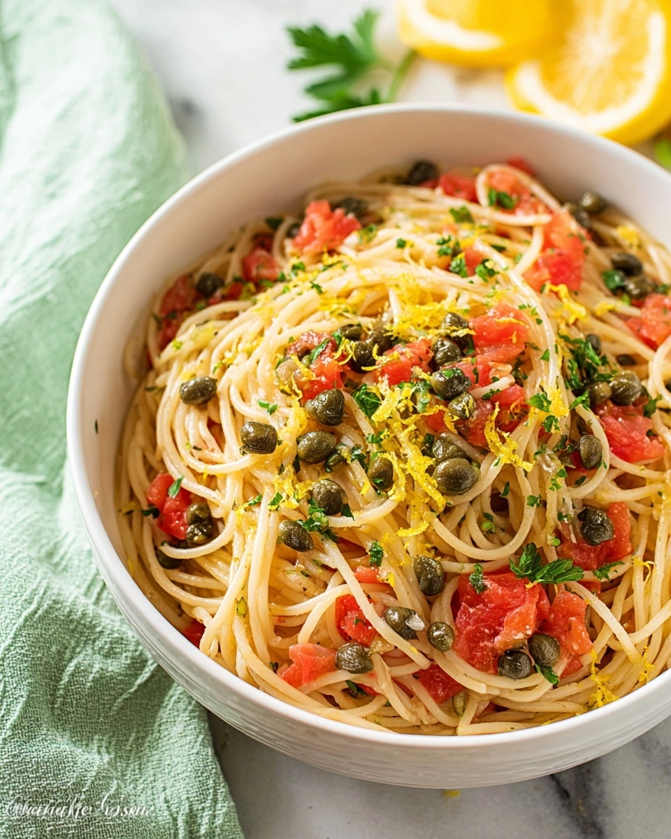 A white bowl filled with spaghetti pasta tossed with diced red tomatoes and dark green capers scattered evenly throughout. Bright yellow lemon zest is sprinkled on top along with fresh chopped green parsley, adding pops of color. The spaghetti strands are light beige and smooth in texture, mixed throughout the bowl. The bowl sits on a white marbled surface with a soft green cloth nearby and partially visible squeezed lemons in the background. photo taken with an iphone --ar 4:5 --v 7