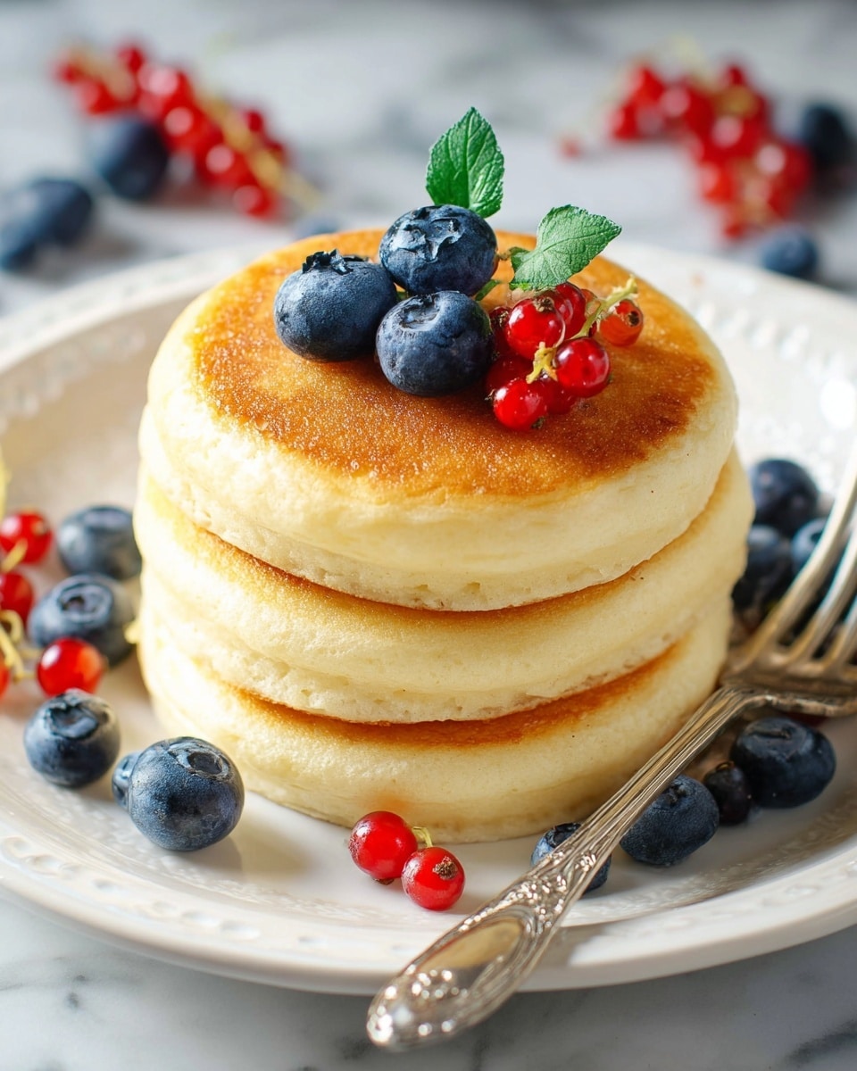 A stack of three thick, golden-brown pancakes sits in the middle of a white plate, each pancake fluffy and slightly porous with smooth edges. The top pancake is garnished with three deep blue blueberries, one bright red currant, and a small green leaf. More blueberries and red currants are scattered around the base of the stack on the plate. A silver fork with a detailed handle rests on the right side of the plate, slightly under the bottom pancake. The entire scene is set against a white marbled surface. photo taken with an iphone --ar 4:5 --v 7
