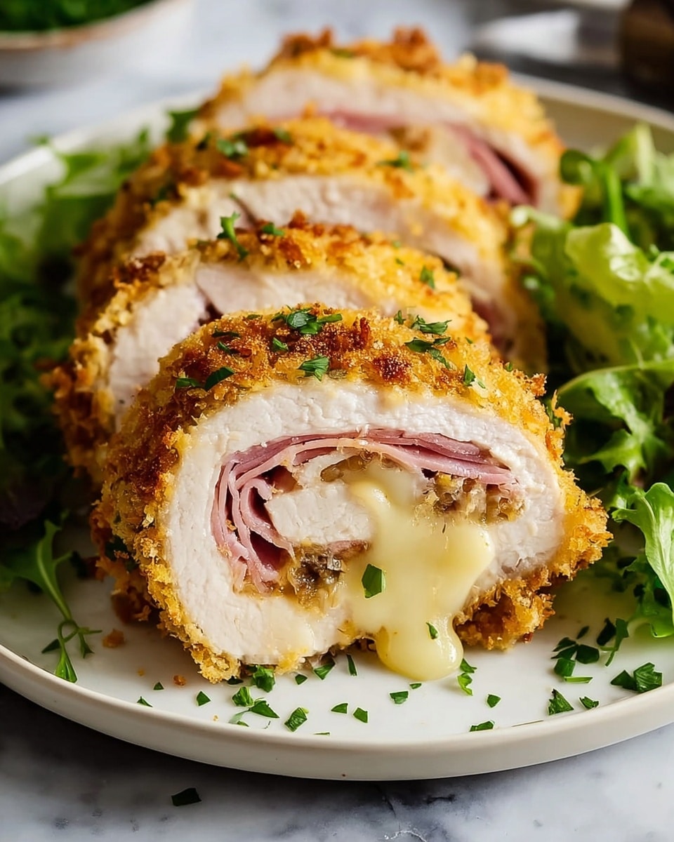 The image shows slices of rolled chicken breast layered with pink ham and melted light yellow cheese inside, all coated with a crispy golden-brown breaded crust on the outside. The chicken roll slices are arranged in a row on a white plate, with bits of chopped green herbs sprinkled on top. To the side, there is a small pile of fresh green leafy salad. The whole scene is set on a white marbled surface. Photo taken with an iphone --ar 4:5 --v 7