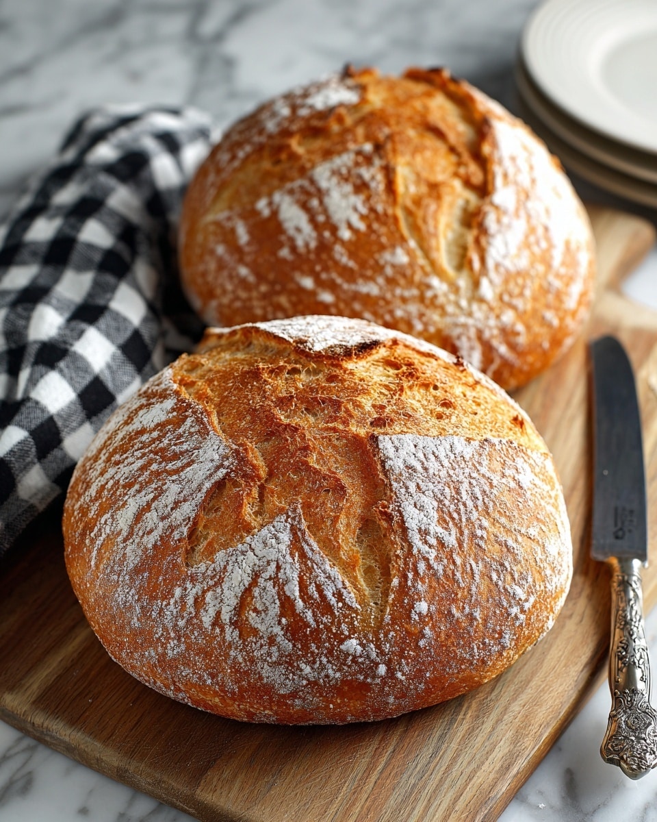 Two round golden-brown crusty bread loaves with a shiny, slightly cracked surface sit on a wooden board. Each loaf shows clear cross scoring on top, revealing a lighter, soft, and airy inside with a textured crumb. The loaves have a rustic look with a dusting of white flour on parts of their crust. The wooden board rests on a white marbled texture with a black and white checkered cloth nearby. In the background, a white plate and a silver knife with an ornate handle are partially visible. photo taken with an iphone --ar 4:5 --v 7
