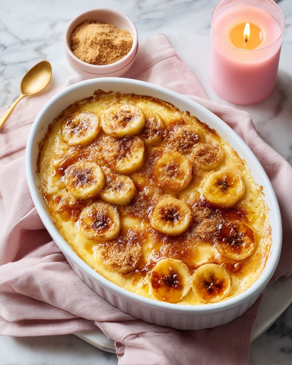 The image shows a white oval baking dish filled with a baked dessert that has a golden-brown top layer of caramelized banana slices soaked in a rich, creamy custard base that is yellow and slightly fluffy. The bananas are arranged to cover the entire surface, with a bubbly, slightly crispy texture. A light sprinkling of brown sugar is visible on top, adding a grainy texture. The dish rests on a soft pink cloth over a white marbled surface, next to a small bowl of brown sugar and a lit pink candle. Photo taken with an iphone --ar 4:5 --v 7
