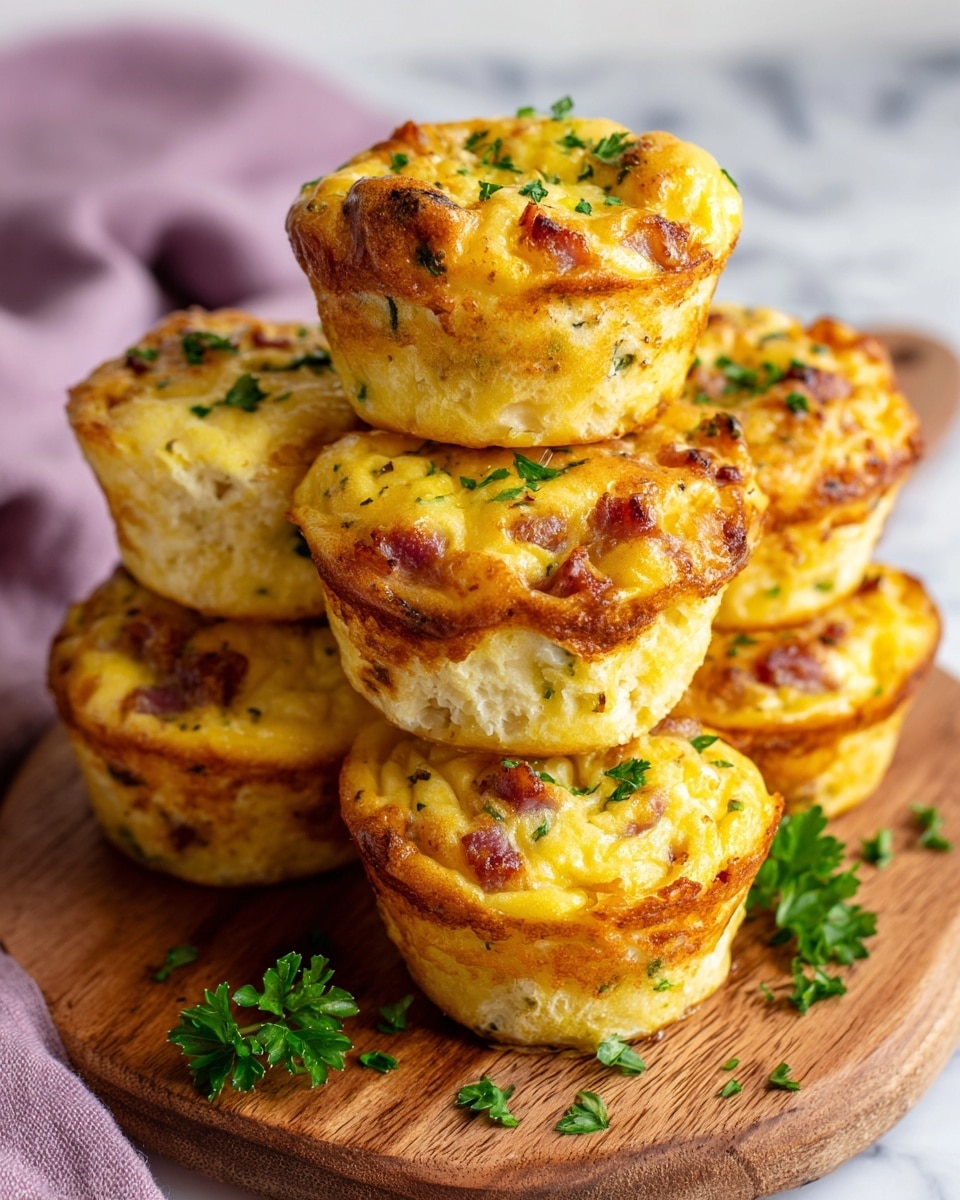 The image shows five small egg muffins stacked on a wooden board placed on a white marbled surface. Each muffin has two visible layers: a pale yellow, fluffy egg base with bits of herbs and a top layer with a golden-yellow, slightly browned texture covered in small pieces of crispy bacon and sprinkled green herbs. The muffins look moist and slightly shiny with small air pockets. Some green herb pieces are scattered on the wooden board around the muffins. The background is softly blurred to highlight the muffins. photo taken with an iphone --ar 4:5 --v 7
