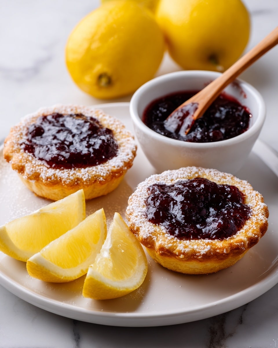 Two golden brown, fluffy custard tarts sit side by side on a white plate, each with a thick layer of deep purple berry jam filling in the center. The edges of the tarts are slightly crispy, dusted with a light sprinkle of powdered sugar. Next to the tarts are three bright yellow lemon wedges, cut into quarters. Behind the tarts is a small white bowl filled with more dark berry jam and a wooden spoon resting inside it. The plate and the objects sit on a white marbled surface. photo taken with an iphone --ar 4:5 --v 7