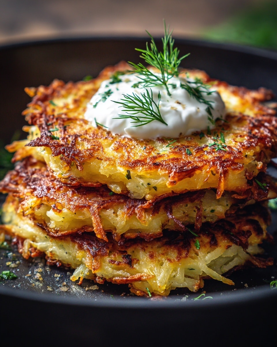 Three crispy potato pancakes with golden brown and slightly burnt edges are stacked in a black pan. The pancakes have a textured, lacy surface from the shredded potatoes, showing a mix of light golden and darker brown patches. A dollop of white sour cream sits to the side, topped with a small sprig of fresh green dill, and another dill sprig is placed on one of the pancakes. The background shows a soft focus with warm lighting that highlights the crispiness of the pancakes. photo taken with an iphone --ar 4:5 --v 7