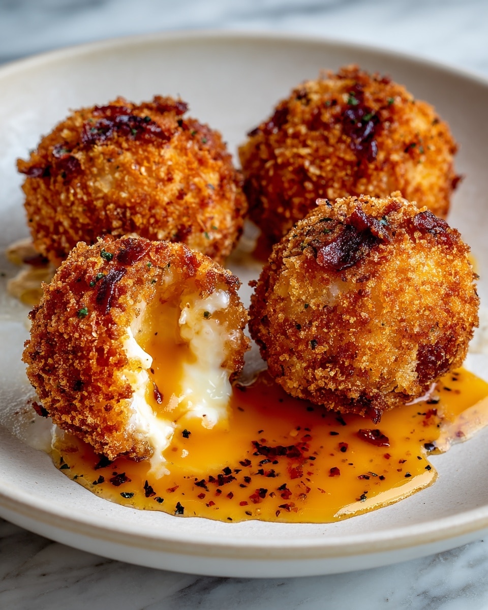 Four golden brown fried balls with a rough crispy coating sit on a white plate on a white marbled surface. Two balls are whole at the back, while the two in front are split open, showing a creamy white filling inside with melted cheese mixed with an orange sauce that is dripping out. Small pieces of cooked bacon are embedded in the crispy crust and on the surface of the balls. The orange sauce also pools slightly on the plate beneath the split balls. The texture of the coating looks crunchy and crumbly, and the inside looks soft and rich. photo taken with an iphone --ar 4:5 --v 7