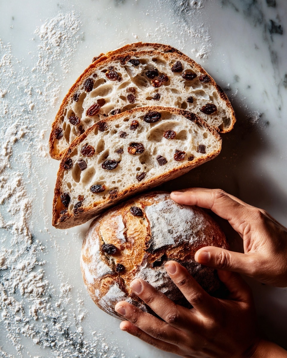 The image shows three slices of sourdough bread, each slice revealing a light brown crust and a soft, beige inside dotted with dark brown dried fruit pieces and chunks of dark chocolate, creating a marbled texture. Below the slices, a woman's hand presses into a round, raw dough ball that is embedded with similar dark dried fruit pieces, resting on a white marbled surface dusted with flour. The dough looks soft and stretchy, showcasing its texture and the inclusions throughout. Photo taken with an iphone --ar 4:5 --v 7
