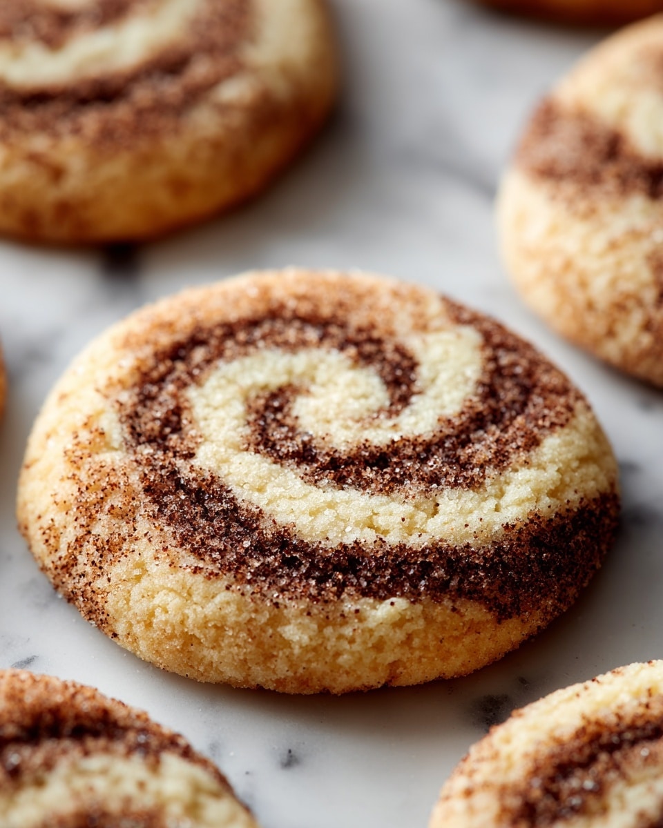 A close-up view of a round cookie with a soft, slightly crinkled texture, showing a swirl pattern of light cream and dark brown cinnamon sugar on the top surface. The cookie has a slightly golden edge and a sugar-coated look, resting directly on a white marbled surface. Around the main cookie, parts of other cookies with a similar look are visible. photo taken with an iphone --ar 4:5 --v 7