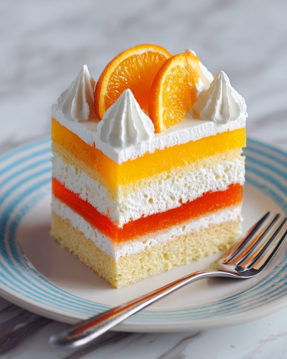 A slice of three-layer cake sits on a white plate with blue patterns, placed on a white marbled surface. The bottom layer is light yellow and soft-looking sponge cake. The middle layer is white whipped cream, smooth and fluffy. Above it is an orange jelly layer, translucent with a slightly bumpy texture. Another thin layer of whipped cream goes on top, decorated with small dollops around the edge. Two thin round slices of orange are placed standing upright in the center on top. The sides of the cake have some whipped cream and orange crumbs sprinkled on them. Photo taken with an iphone --ar 4:5 --v 7
