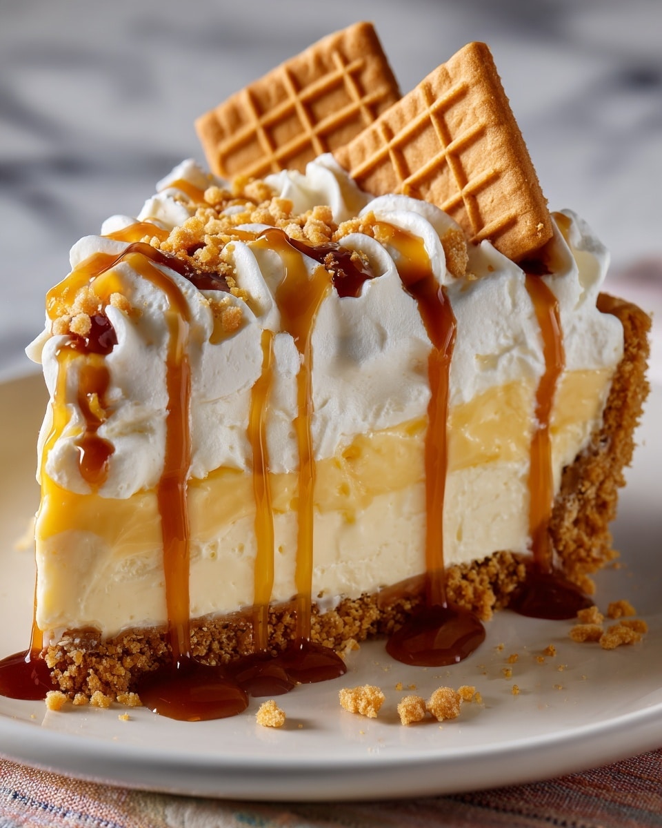 A slice of pie on a white plate with a crumbly brown crust at the bottom. The first thick layer is creamy white filling with a smooth texture. On top, there is a generous layer of whipped cream with soft peaks. Caramel sauce with a shiny, sticky look drizzles over the whipped cream and side of the slice. Small waffle cookie pieces and crushed nuts are placed on top and around the pie, adding rough textures and light brown colors. The plate sits on a white marbled surface. photo taken with an iphone --ar 4:5 --v 7