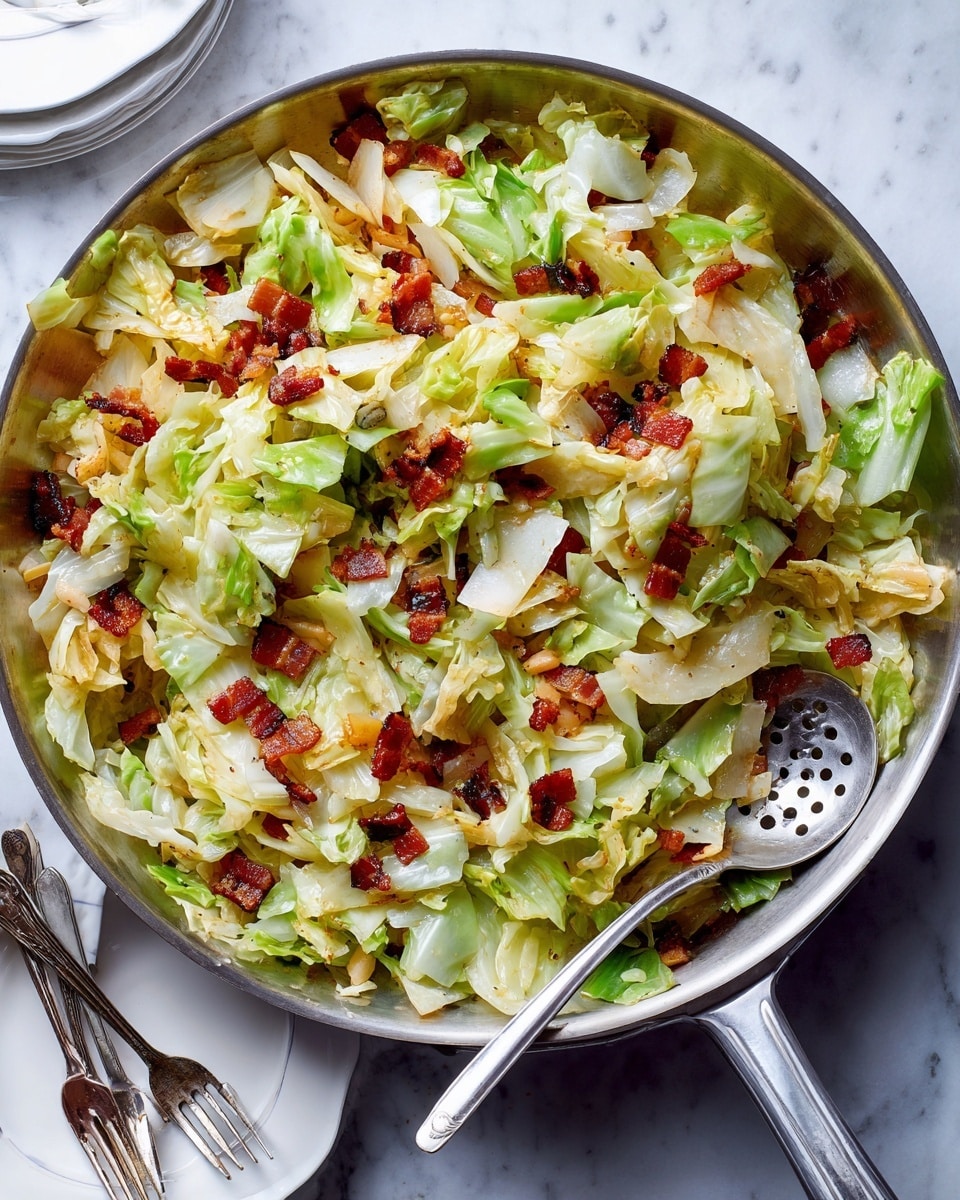 A large silver pan filled with cooked cabbage pieces that are light green and white, mixed with crispy dark brown bacon chunks and small bits of cooked onion. The cabbage looks soft with some brown spots from cooking, and the bacon adds a crunchy texture. The pan sits on a white marbled surface, alongside a white plate with two forks resting on it, and a silver slotted spoon placed inside the pan holding some of the dish. The scene is bright with natural light highlighting the textures and colors of the food. photo taken with an iphone --ar 4:5 --v 7