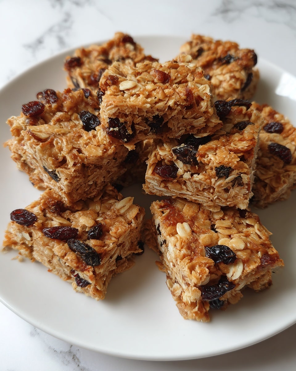 The image shows seven square granola bars arranged in a close group on a white plate. Each bar has multiple layers, with a base of oats giving a light tan color, mixed with visible dark raisins and sunflower seeds scattered on top, adding texture and contrast. The bars look chewy with a slightly glossy surface, showing the sticky binding ingredients. The background is a white marbled texture. photo taken with an iphone --ar 4:5 --v 7