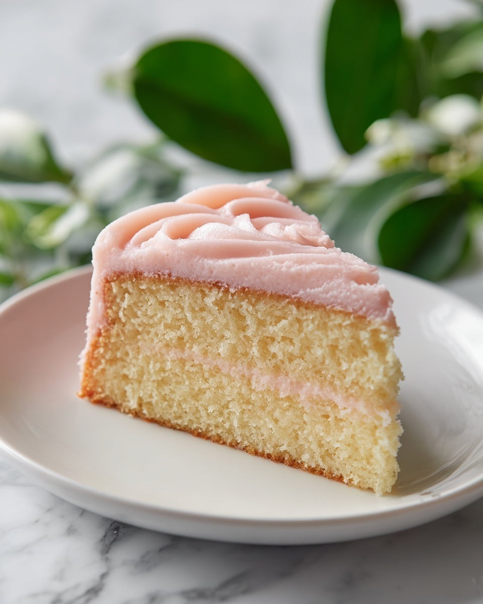 A slice of light yellow cake with a soft, fluffy texture is placed on a white plate. The cake has a golden brown crust on the sides and bottom. On top, there is one smooth layer of pale pink frosting with gentle swirl patterns. The plate sits on a white marbled surface with green leaves softly blurred in the background. Photo taken with an iphone --ar 4:5 --v 7