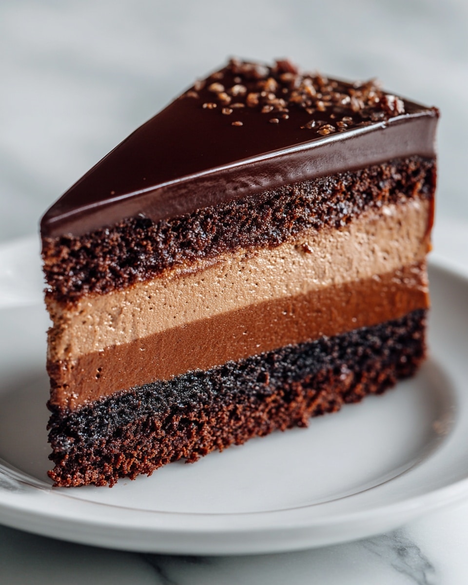 A slice of layered chocolate cake sits on a white plate with a white marbled surface underneath. The cake has three distinct layers: a dense, dark chocolate base layer at the bottom with a rough texture, a thick middle layer of smooth, light brown chocolate mousse, and a glossy, dark chocolate glaze covering the top, forming a shiny, smooth finish. The slice is neatly cut, showing clean lines between each layer. The background is softly blurred, putting the focus on the cake. Photo taken with an iphone --ar 4:5 --v 7