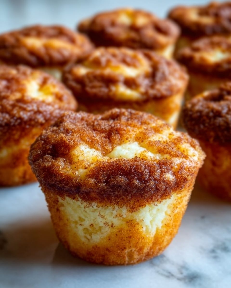 A close-up image of multiple muffins arranged on a white marbled surface, each muffin showing a golden-brown, crumbly top with a slightly darker cinnamon sugar coating. The muffins have a light yellow, soft-looking center that is visible just under the crust. The texture on top looks crunchy and grainy, while the inside appears moist and fluffy. The photo focuses on one muffin in the front, with the others softly blurred in the background, giving a warm, homemade feel. Photo taken with an iphone --ar 4:5 --v 7