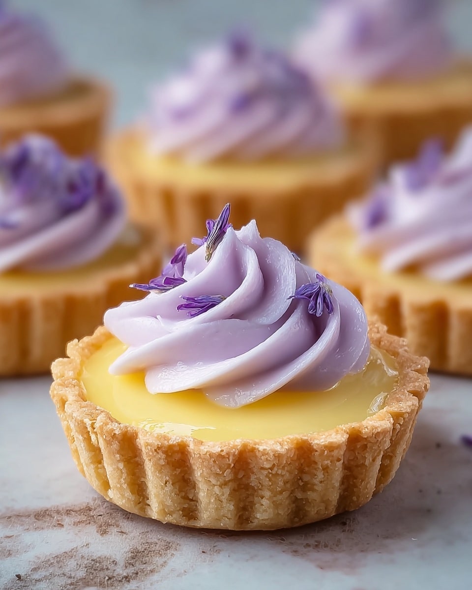 The image shows small tartlets with three visible layers. The base layer is a golden-brown, crumbly pastry shell with fluted edges. The middle layer is a smooth, glossy pale yellow filling that looks like lemon curd. The top layer is a swirl of light purple cream with a soft texture, decorated with small purple edible flowers. The tartlets are placed on a white marbled surface, and the focus is on the front tartlet with others softly blurred in the background. photo taken with an iphone --ar 4:5 --v 7