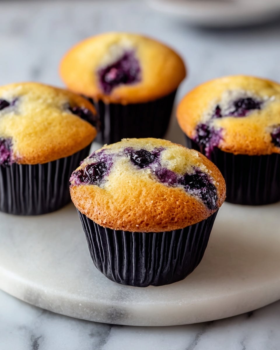 Four blueberry muffins sit on a round white marble board. Each muffin has a golden brown top with a soft, slightly cracked texture. Dark purple blueberries are embedded within the muffin tops, some bursting and releasing juice that contrasts with the light yellow cake. The muffins are wrapped in black paper liners with ridged edges, creating a clear base layer. The background is a white marbled surface that subtly blends with the board. photo taken with an iphone --ar 4:5 --v 7