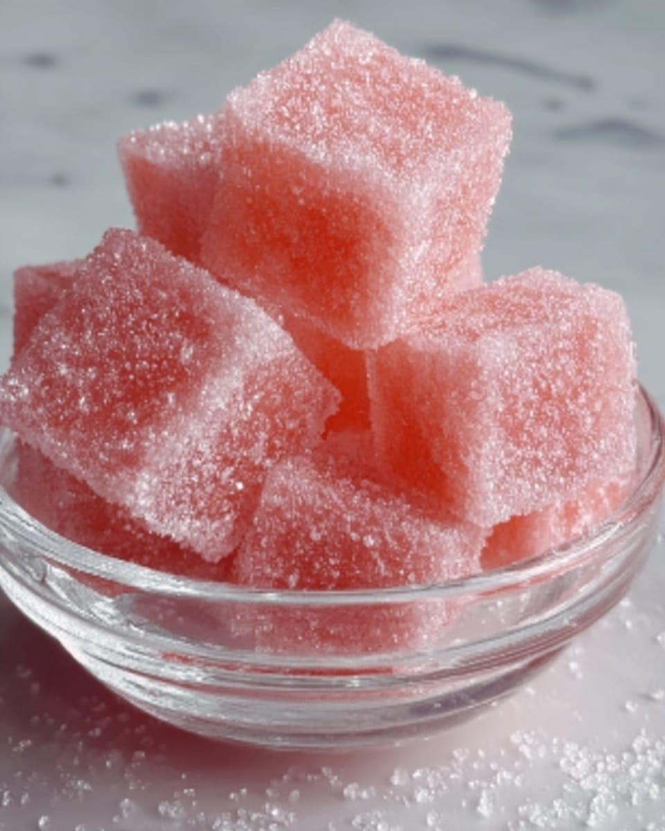 A clear glass bowl holds several pink, sugar-coated jelly cubes with a soft, slightly translucent texture. The cubes are stacked unevenly, showing fine sugar crystals covering their surfaces, sparkling under soft light. The bowl sits on a white marbled surface with some scattered sugar crystals nearby. The image is close up, focusing on the sugary texture and soft color of the jelly cubes. Photo taken with an iphone --ar 4:5 --v 7