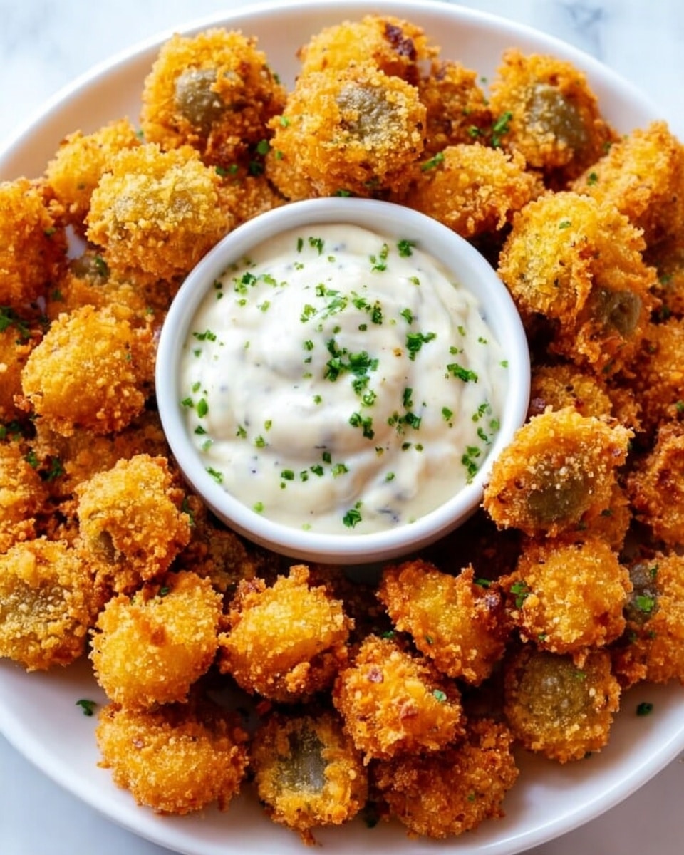 The image shows a white round plate filled with many small, round, golden-brown fried pieces with a crunchy texture. In the center of the plate, there is a smaller white bowl filled with thick, creamy white sauce with green herb pieces sprinkled on top. The fried pieces surround the bowl closely, creating a layered look with their rough, crispy surface. The whole setting is on a white marbled textured surface. photo taken with an iphone --ar 4:5 --v 7