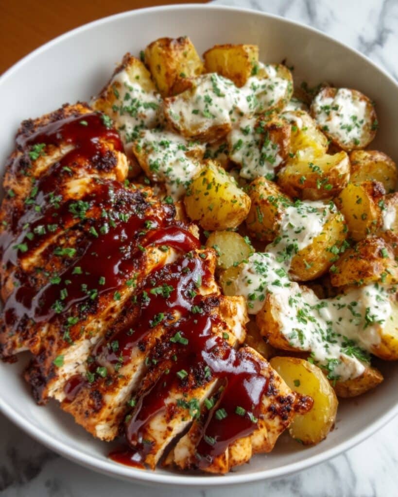 Honey BBQ Chicken with Garlic Roasted Potatoes Recipe