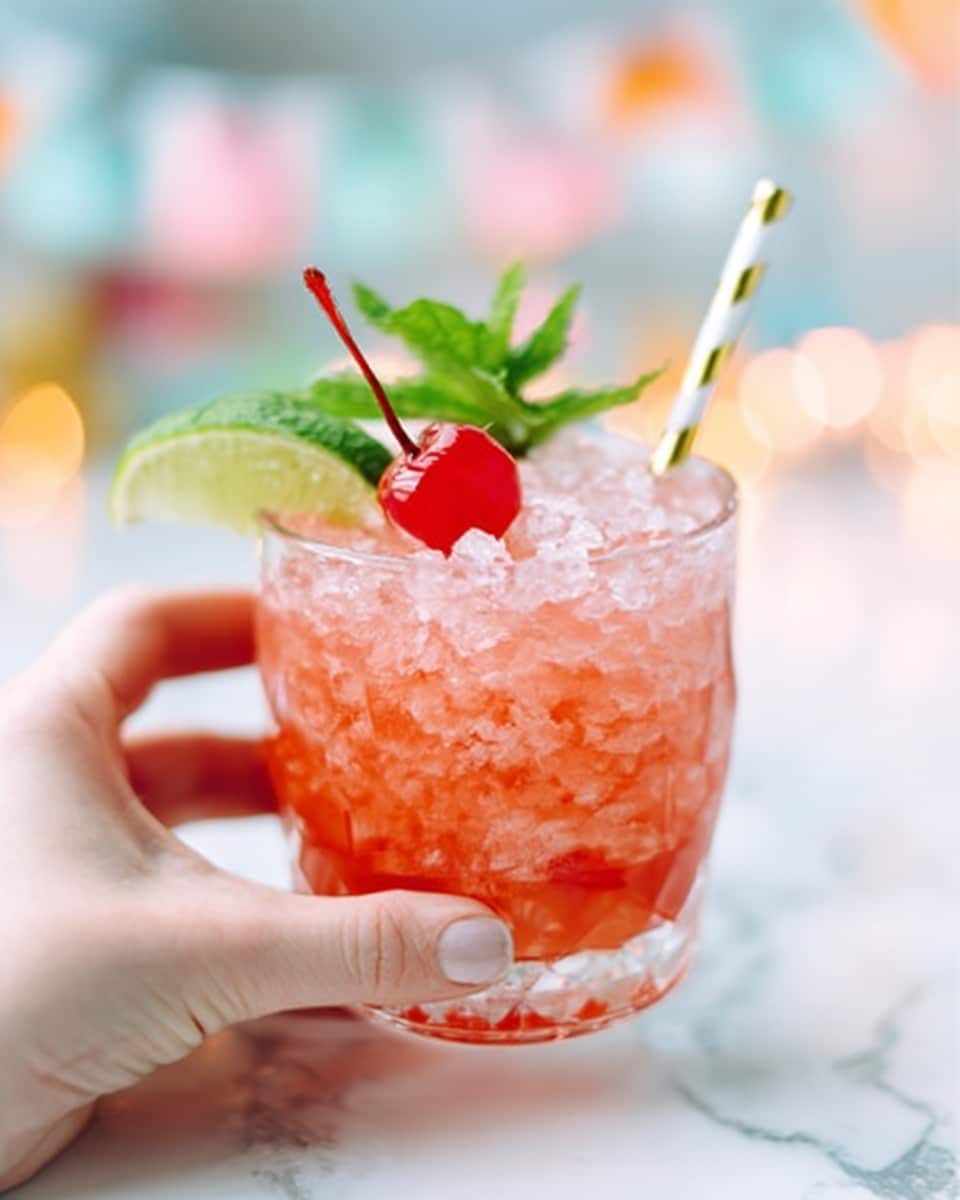 A woman's hand holds a clear glass filled with crushed ice and a pinkish-red drink. On top, there is a bright red cherry, a lime wedge, and a small sprig of fresh green mint leaves. A white straw with gold stripes is placed diagonally in the glass. The background is blurred with soft colorful lights, all set on a white marbled surface. photo taken with an iphone --ar 4:5 --v 7