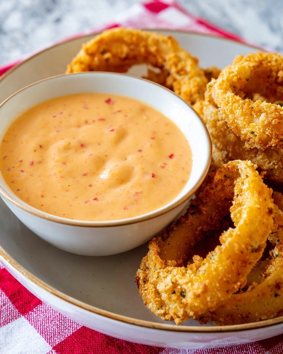 A close-up image showing a white bowl filled with a smooth, creamy orange sauce with small red flecks. Surrounding the bowl are golden brown, crispy onion rings with a coarse, crunchy texture, arranged in a neat stack inside a white bowl with a thin light beige rim. The bowl sits on a white marbled surface with a red and white checkered cloth partially visible underneath. The scene is bright and colorful, highlighting the crunchy texture of the onion rings and the smoothness of the sauce. photo taken with an iphone --ar 4:5 --v 7