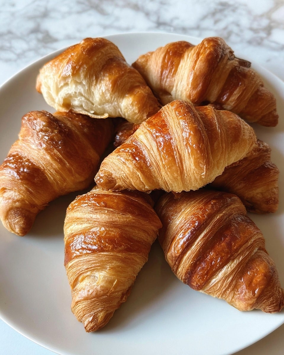 A white plate holds seven golden brown croissants with visible layers of flaky dough. The croissants show shiny, smooth surfaces with a rich glaze, and the edges reveal multiple light beige, thin layers that look soft and airy. They are piled casually in the center of the plate against a white marbled texture background. photo taken with an iphone --ar 4:5 --v 7