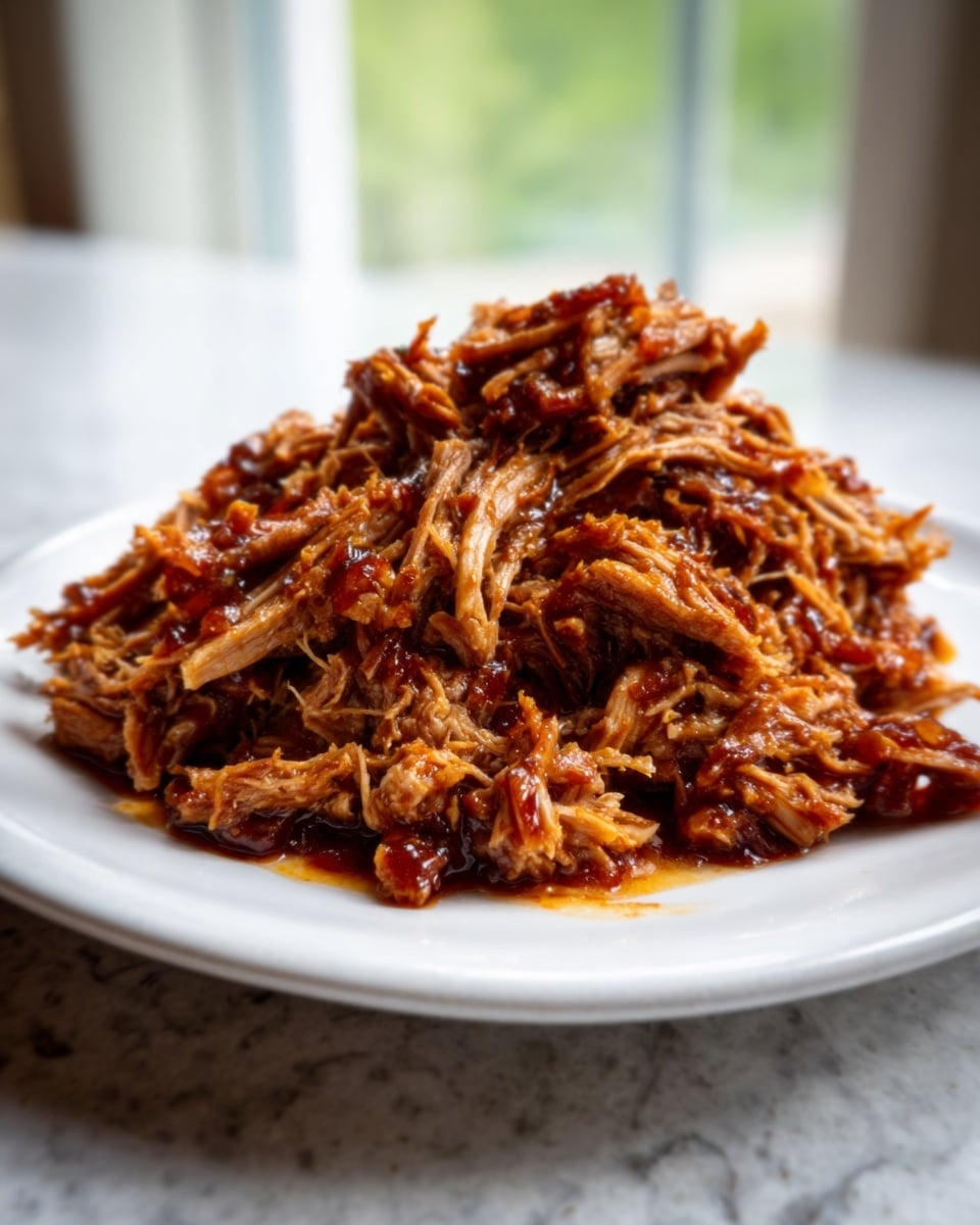 A white plate sits on a white marbled surface, piled high with shredded meat that is rich brown with hints of reddish sauce. The meat strands look tender and slightly wet, with some glistening areas showing the sauce coating. The pile is uneven, with chunks and thin shreds mixed together, giving it a textured and juicy appearance. The background is softly blurred with natural light coming from a window. Photo taken with an iphone --ar 4:5 --v 7
