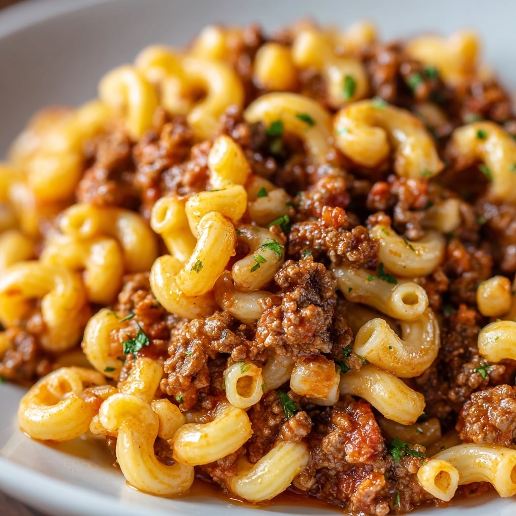 The image shows a close-up of a plate filled with macaroni pasta mixed with a rich ground beef sauce. The macaroni is a light golden color with a soft and slightly glossy texture, while the ground beef sauce is thick with deep brown and red tones from the meat and tomato sauce. Small bits of green herbs are lightly sprinkled on top, adding a touch of color. The food looks hearty and well-cooked, filling the frame with a mix of curved pasta shapes and crumbly meat pieces. The photo taken with an iphone --ar 4:5 --v 7