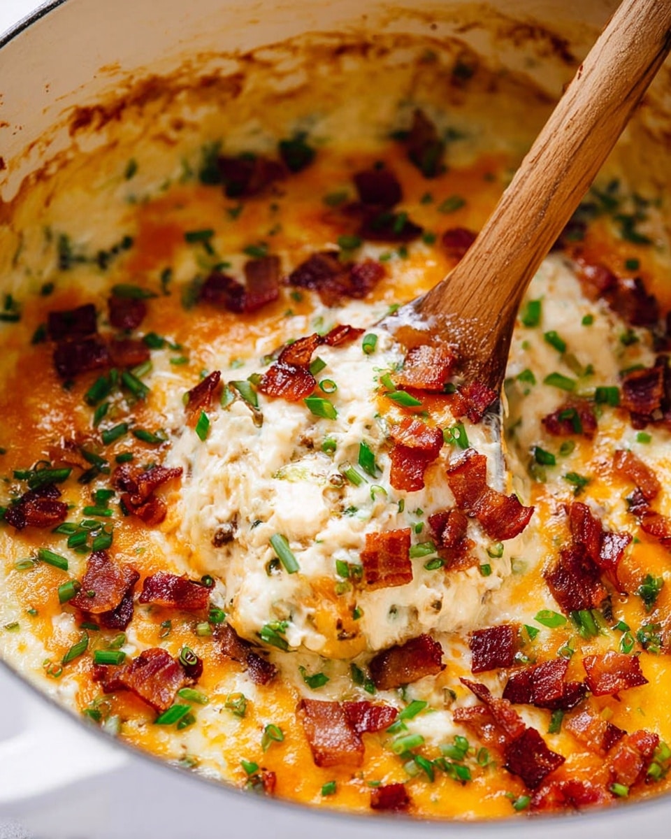 A close-up image of a creamy dish in a white pot showing several layers mixed together: a thick white and orange melted cheese base with green chopped scallions spread evenly, topped with small crispy reddish-brown bacon pieces and finely chopped green herbs. A wooden spoon is scooping a portion, revealing more of the cheesy and chunky texture with bits of bacon and herbs inside. The inside of the pot has some cheese residue stuck to the sides. The photo taken with an iphone --ar 4:5 --v 7