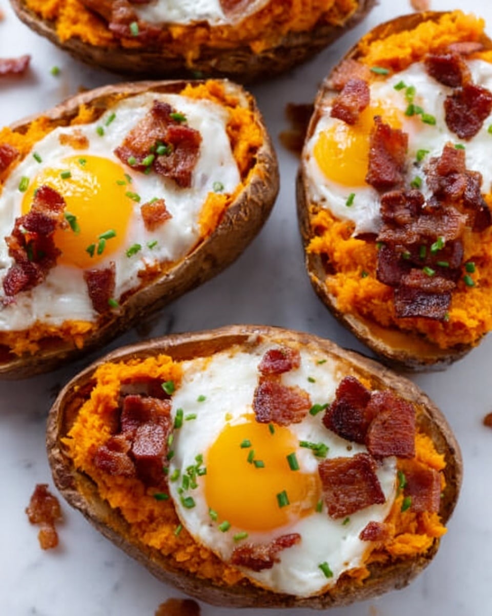 The image shows four stuffed baked potatoes on a white marbled surface. Each potato is cut in half with the inside scooped out and mashed sweet potato filling in bright orange color, forming a smooth layer. On top of each sweet potato layer, there is a fried egg with a bright yellow yolk and glossy white edges. Small pieces of crispy bacon in dark brown and red tones are scattered over the eggs, along with some finely chopped green herbs adding a fresh touch. The potatoes’ outer skin is a darker brown, rough and textured, holding all the layers together. Photo taken with an iphone --ar 4:5 --v 7