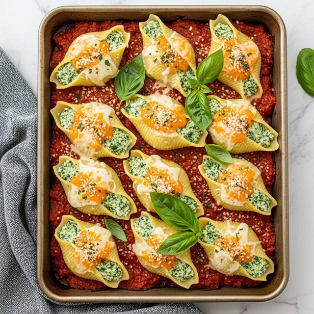 A black rectangular baking dish filled with large pasta shells stuffed with a green spinach mixture, each shell topped with white ricotta cheese and melted orange cheese sauce, all sitting on a rich red tomato sauce base; bright green basil leaves are scattered on top, adding fresh color contrast. The dish rests on a wooden surface with a white marbled texture visible at the edges. photo taken with an iphone --ar 4:5 --v 7