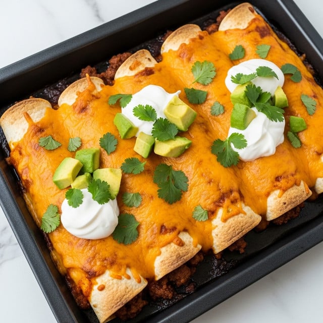 A close-up of four baked enchiladas in a black pan, each wrapped in a golden-brown tortilla showing a slightly crispy texture on the edges; on top is a thick melted layer of orange cheddar cheese with some green cilantro leaves sprinkled over; dollops of white sour cream sit on the center of each enchilada, topped with chunks of bright green avocado. The black pan contrasts with the white marbled background surface partly visible behind it. photo taken with an iphone --ar 4:5 --v 7