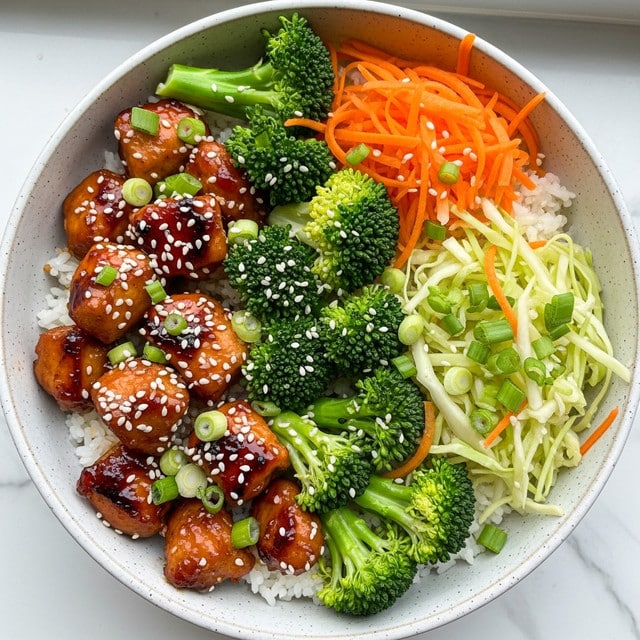 A bowl filled with a base layer of white rice, topped with pieces of grilled chicken glazed in a shiny, dark orange sauce scattered mostly on one side, sprinkled with white sesame seeds and chopped green onions. Next to the chicken, there are bright green broccoli florets with some sesame seeds. There is also a pile of shredded orange carrots on one side and shredded light green cabbage with chopped green onions on the other side. The bowl is white with a grey speckled pattern, and the photo is taken near a window with a white marbled surface under it. photo taken with an iphone --ar 4:5 --v 7