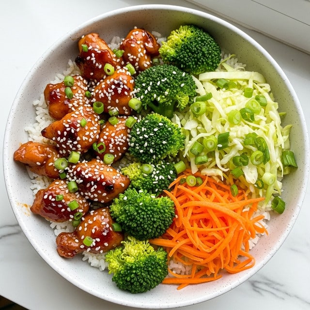 A bowl filled with four separate layers, starting at the bottom with fluffy white rice covering the entire base. On one side, there are small pieces of grilled chicken glazed with a glossy brown sauce, topped with chopped green onions and white sesame seeds scattered across. Next to the chicken is a pile of bright green broccoli florets. Alongside that is a section of shredded light green cabbage mixed with sliced green onions. The last section has bright orange shredded carrots. The bowl is white with grey speckles, sitting on a white marbled surface near a window letting soft natural light in. photo taken with an iphone --ar 4:5 --v 7