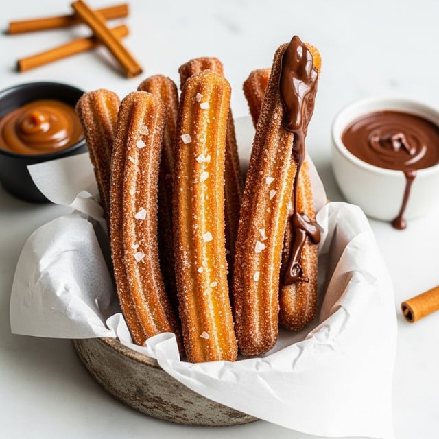 There are six churros standing upright in a small rustic bowl lined with white parchment paper. Each churro is golden brown with a rough, sugary surface texture and a dusting of coarse salt flakes on top. One churro has chocolate sauce dripping down its side. To the right of the bowl, there is a white bowl filled with smooth chocolate sauce, and to the left, a small black bowl with a yellow caramel or butterscotch sauce. This whole setup rests on a wooden board with scattered salt flakes around. The background has a soft focus on cinnamon sticks and a white marbled texture. photo taken with an iphone --ar 4:5 --v 7