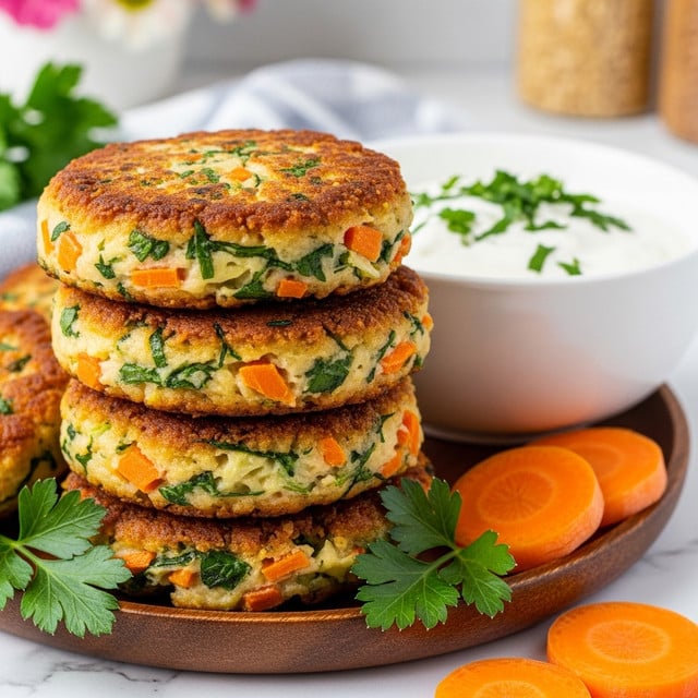 A close-up view of a stack of golden brown vegetable patties, each about three layers thick, showing bits of orange carrot, green herbs, and other finely chopped vegetables inside. The crispy edges glisten, highlighting the textured, cooked surface. The patties are stacked on a dark wooden plate, surrounded by fresh green parsley and slices of bright orange carrots. Behind the stack, a white bowl filled with creamy white sauce topped with chopped green herbs is partially visible. The whole scene is set on a white marbled surface with blurred flowers and kitchen items in the background. photo taken with an iphone --ar 4:5 --v 7