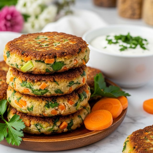 A stack of seven golden brown vegetable patties with visible bits of orange carrot, green herbs, and creamy potato are piled high on a white plate, each patty slightly crisp on the outside with a textured surface. On top of the stack, small green parsley leaves add a fresh touch, while more patties are scattered around the base, accompanied by a few bright orange carrot sticks and leafy green parsley garnishes. In the background, a clear bowl with white creamy dip topped with parsley sits on the white marbled surface, softly blurred to highlight the crispy patties in the foreground. photo taken with an iphone --ar 4:5 --v 7