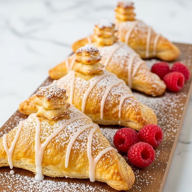 The image shows four golden-brown, triangular pastries arranged in a row on a wooden board. Each pastry has multiple flaky layers with a shiny, slightly crispy texture and is decorated with a small star-shaped piece of pastry on top in the same golden color. There is a drizzle of light caramel-colored sauce across the pastries, and powdered white sugar is sprinkled generously over them and on the wooden board. Bright red raspberries are placed next to the pastries, adding a pop of color. The background is softly blurred with a white marbled surface underneath the wooden board. photo taken with an iphone --ar 4:5 --v 7