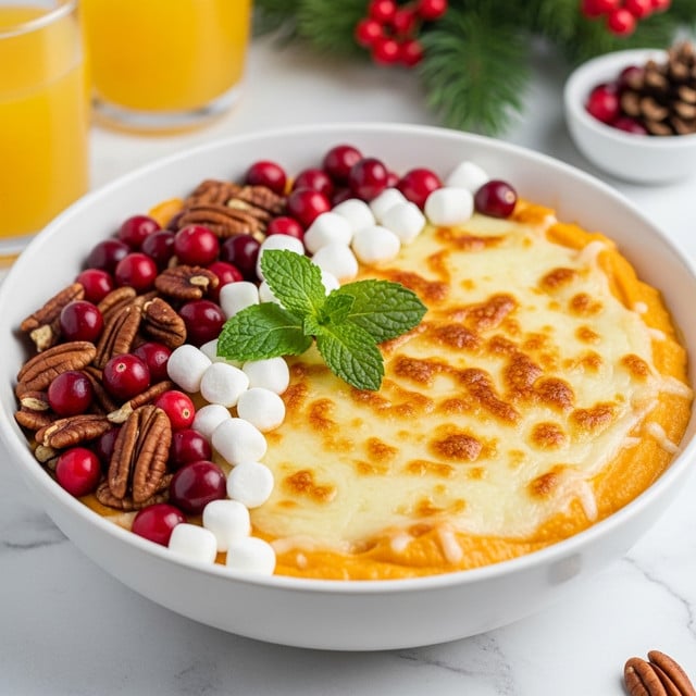 A white bowl filled with a creamy, smooth orange layer as the base, topped with a melted, slightly browned cheese layer that covers the whole surface. On top, there are scattered small white marshmallows, round red cranberries, and pecan nuts arranged mostly on one side, with fresh green mint leaves placed in the center for decoration. The bowl sits on a white marbled texture surface with blurry glasses of orange juice and holiday greenery in the background. photo taken with an iphone --ar 4:5 --v 7