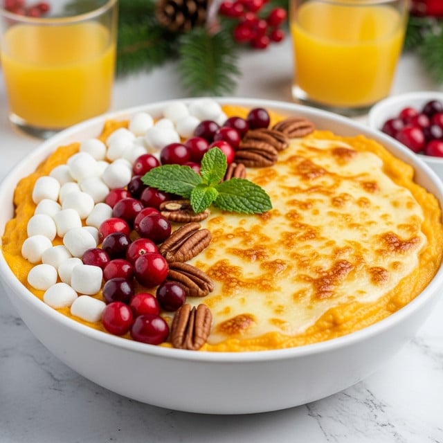 The dish is a baked casserole in a white oval ceramic dish, filled with a smooth orange base layer likely made of sweet potatoes or pumpkin, topped with a golden, slightly browned melted layer possibly of cheese or marshmallow cream. Scattered over the top are small white toasted marshmallows, deep red cranberries, whole pecans, and bits of chopped nuts, providing texture and color contrast. In the center, two fresh green mint sprigs add a bright green pop and freshness. The dish sits on a rustic wooden table with a white marbled background, surrounded by blurred glasses of orange juice and layered bowls, evoking a cozy holiday meal. Photo taken with an iphone --ar 4:5 --v 7
