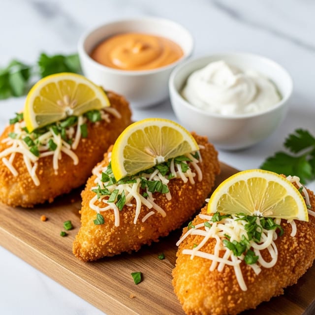 The image shows three golden brown crispy fried chicken breasts arranged side by side on a wooden board. Each chicken breast has a crunchy textured crust, with melted cheese and small green herb bits sprinkled on top. On each piece, there is a bright yellow lemon wedge placed near the thickest part. Behind the chicken, a small white ramekin filled with orange dipping sauce sits in the middle, slightly blurred. The whole arrangement is placed on a white marbled textured surface. Photo taken with an iphone --ar 4:5 --v 7