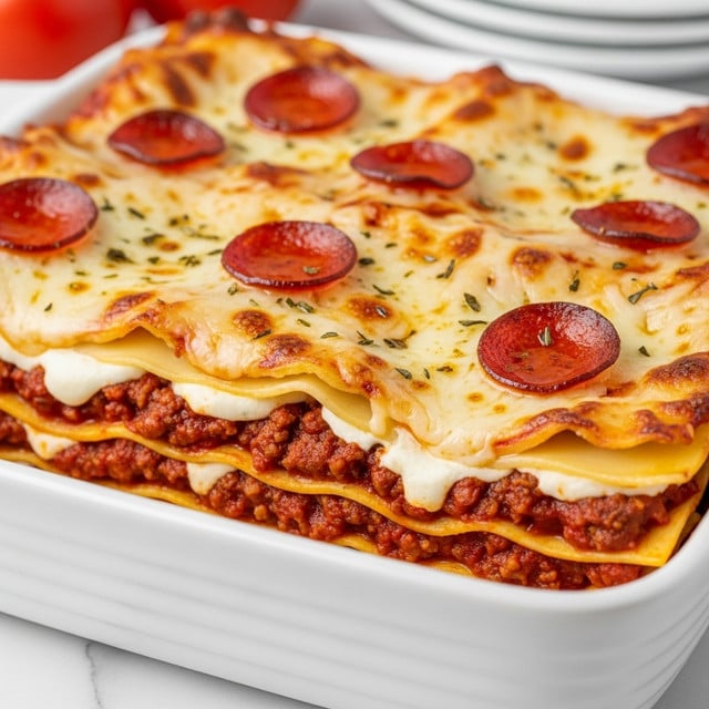 A close-up of a baked lasagna in a white rectangular dish on a white marbled surface, showing multiple visible layers with melted cheese on top, browned pepperoni slices scattered through the top layer, and a mix of chunky tomato sauce and melted cheese between the pasta layers, with small bits of browned meat and herbs adding texture and color. The lasagna looks hot and fresh with some steam rising. Photo taken with an iphone --ar 4:5 --v 7