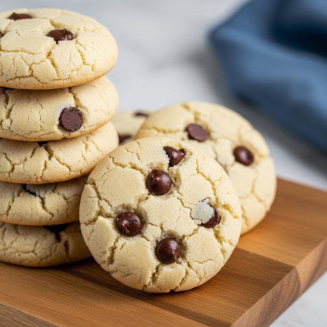 A close-up view of a stack of six soft, round cookies on a light brown wooden board. The cookies are light golden with a cracked surface, each dotted with a few small, dark chocolate chips. The background shows a blurry blue cloth to the right, placed on a white marbled surface. The overall tone is warm and cozy, focusing on the texture of the cookies. Photo taken with an iphone --ar 4:5 --v 7