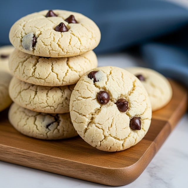 A stack of five light golden cookies with small dark chocolate chips scattered on top and throughout, placed on a round wooden board, against a soft focus background with a white marbled texture surface. The cookies have a cracked, crumbly top texture and appear soft inside. Photo taken with an iphone --ar 4:5 --v 7