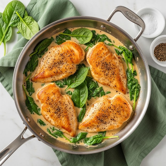A shiny silver pan holds four pieces of golden-brown cooked chicken breast, each with a slightly crispy texture and sprinkled with ground black pepper. The chicken lies in a creamy, light beige sauce mixed with fresh, bright green spinach leaves scattered around and slightly wilted in the sauce. The pan is placed on a soft green cloth on a white marbled surface, with small white bowls of salt and pepper nearby. The scene has natural light, showing the warm and fresh look of the meal. photo taken with an iphone --ar 4:5 --v 7