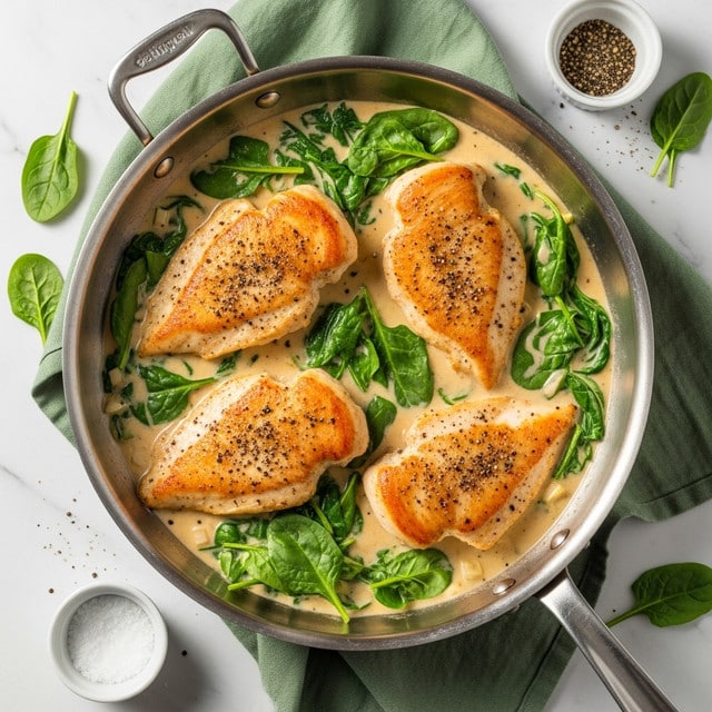 A shiny metal pan filled with four browned chicken breasts cooking in a creamy pale yellow sauce, scattered with bright green spinach leaves. The chicken has a crispy golden-brown crust with black pepper flecks on top. The sauce looks smooth and thick, partially covering the chicken and spinach. The pan sits on a soft green cloth on a white marbled surface, with small white bowls of pepper and salt nearby, and a glass of water in the top left corner. photo taken with an iphone --ar 4:5 --v 7