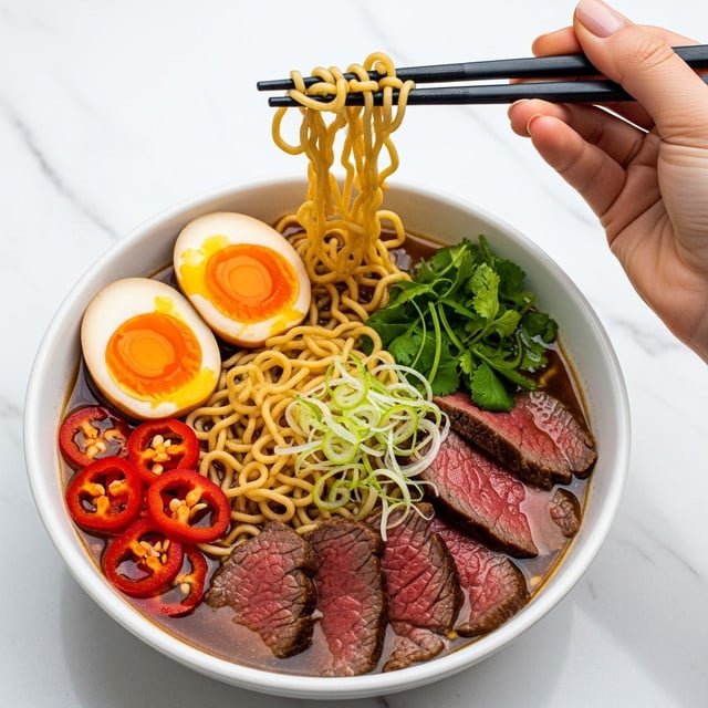 The image shows a brown bowl filled with a layered ramen dish on a white marbled surface. The bottom layer has curly cooked noodles with a golden color. On the right side, there are slices of dark brown cooked beef with a tender texture. On the left, there are two halves of a soft-boiled egg with bright orange yolks and white edges. Fresh green leaves and chopped green onions are sprinkled on the top, adding a fresh look. Bright red chili slices lay near the eggs, adding a pop of color. A woman's hand holds dark brown chopsticks gripping some noodles above the bowl. Photo taken with an iphone --ar 4:5 --v 7