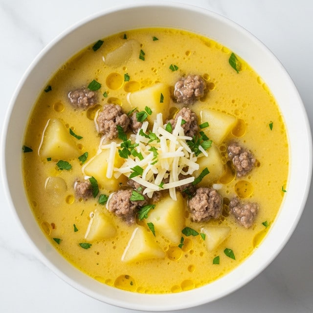 A white bowl filled with creamy, yellow-orange soup sits on a white marbled surface. The soup has visible chunks of potatoes and browned ground meat scattered throughout. On top, there is a small amount of shredded cheese melting slowly and a few green herb pieces sprinkled in the center. The soup’s texture looks thick and rich, with a smooth surface dotted by bits of ingredients. Photo taken with an iphone --ar 4:5 --v 7