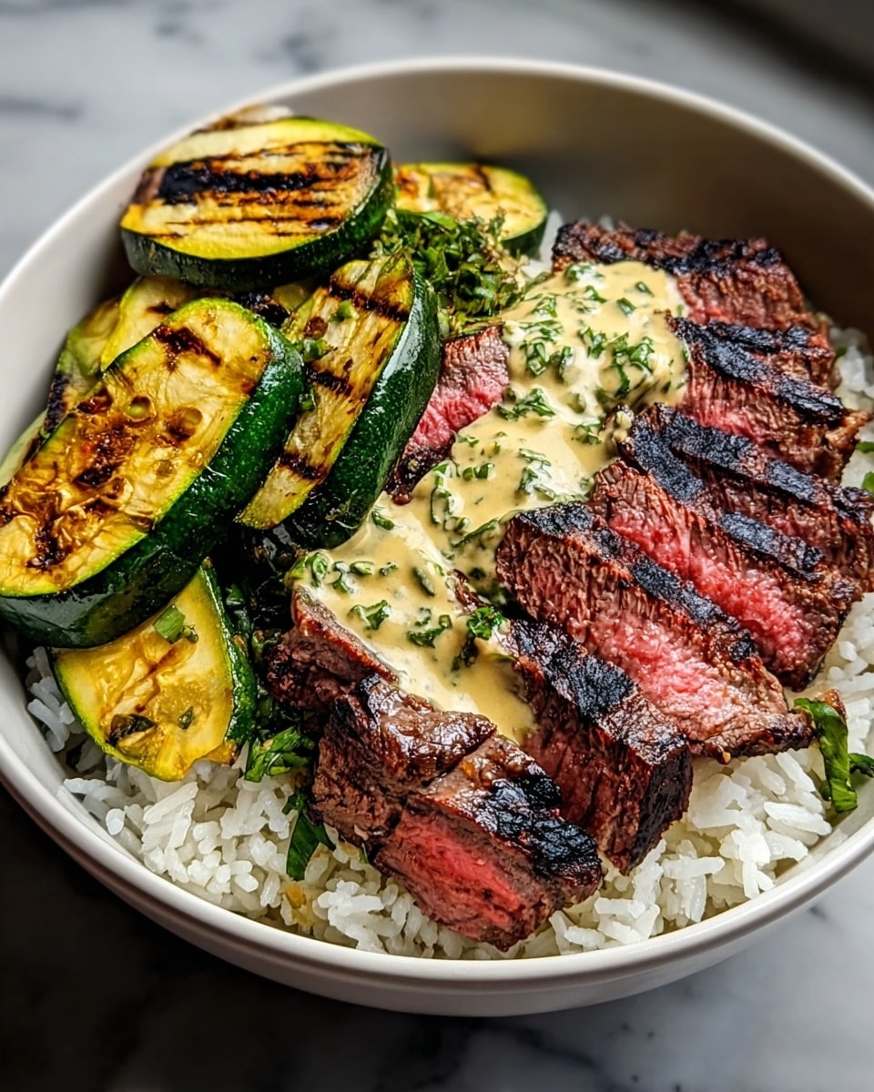 In a white bowl, there is a base layer of white rice with a fluffy texture. On top of the rice, there are several slices of medium-rare steak, showing a grilled dark brown crust with pink inside layers. The steak slices are slightly overlapping in the center. To the left side of the bowl, there are thick grilled zucchini rounds with dark brown grill marks and a vibrant green edge. Covering part of the steak is a creamy beige sauce that has flecks of green herbs mixed in, adding texture and color contrast. The scene is set on a white marbled surface. Photo taken with an iphone --ar 4:5 --v 7