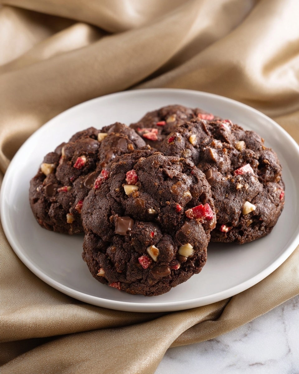 Three thick, dark brown chocolate cookies with chunks of red and white pieces and nuts sit close together on a white plate. The cookies have a rough, bumpy texture with the bright bits scattered evenly throughout. The plate rests on soft, light tan fabric with gentle folds, all against a white marbled texture. photo taken with an iphone --ar 4:5 --v 7